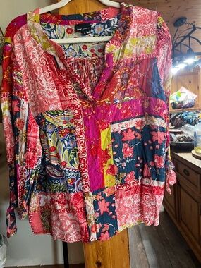 Jones New York Multicolor Patchwork Floral Crinkle Tunic - Pink Navy Lime